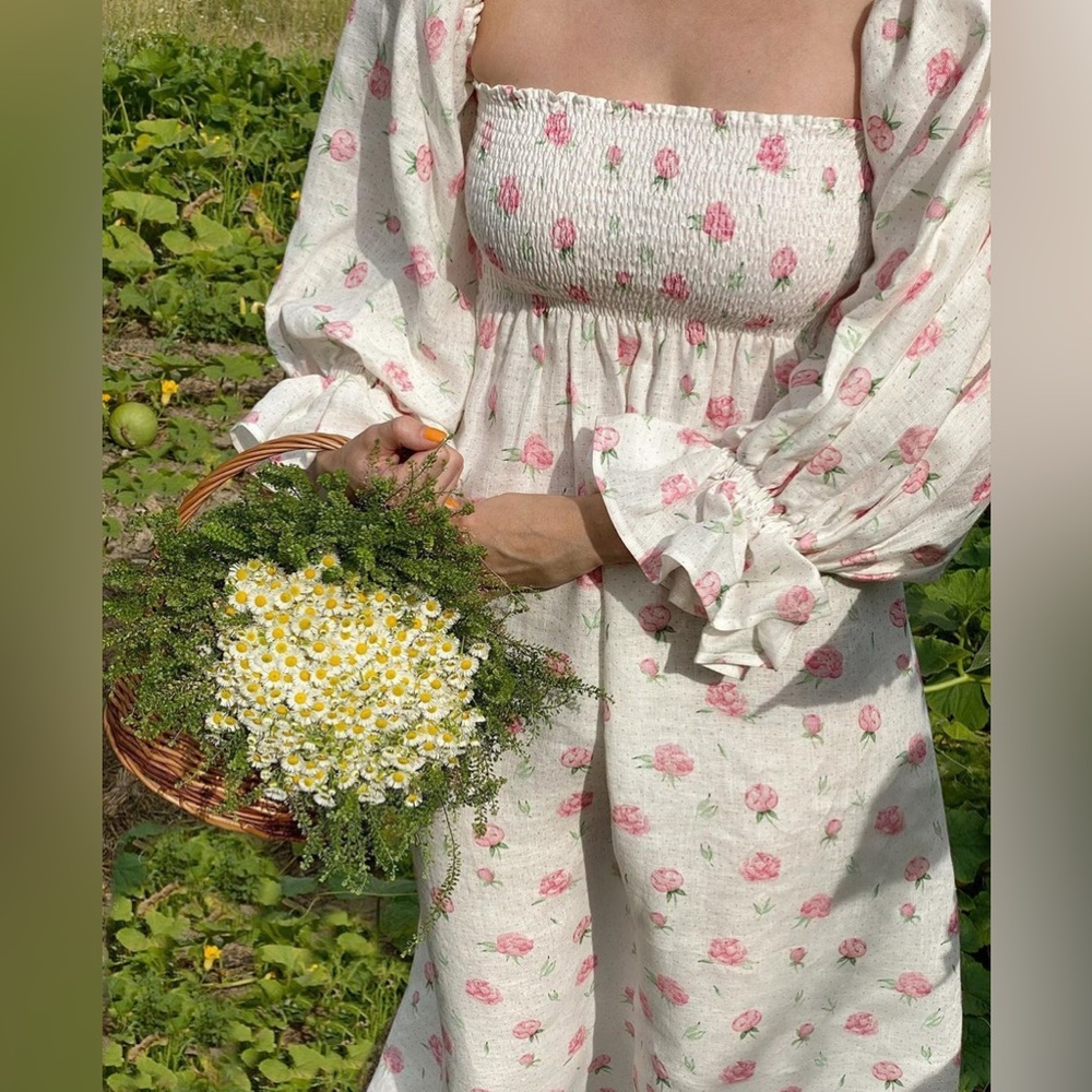 Sleeper White Floral Smocked Midi Dress with Pink Roses
